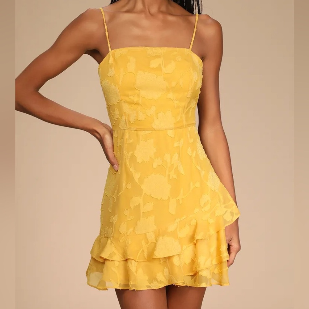 Lulu's Days with You Golden Yellow Floral Burnout Ruffled Mini Dress